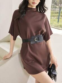 Heiryn Women's Solid Color Mandarin Collar Batwing Short Sleeve Casual T-Shirt With Belt - Coffee Brown - View 7