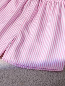 SHEIN 2pcs/Set Pakaian Anak Perempuan Remaja Kasual Berkerah Polo dengan Motif Garis-garis dan Pita, Kemeja Lengan Panjang dan Celana Pendek Motif Garis-garis, Musim Semi/Musim Gugur - Berwarna merah muda - View 7