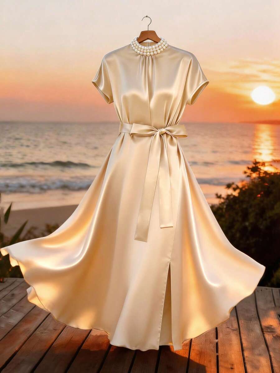 SHEIN LUNE Vestido de satén con cuello redondo, medio cuello, decorado con perlas, mangas cortas, cintura suelta con lazo, vestido de verano, ropa de verano para mujer, vestido de verano para mujer, de estilo elegante y casual, color melocotón - Albaricoque - Ver 1