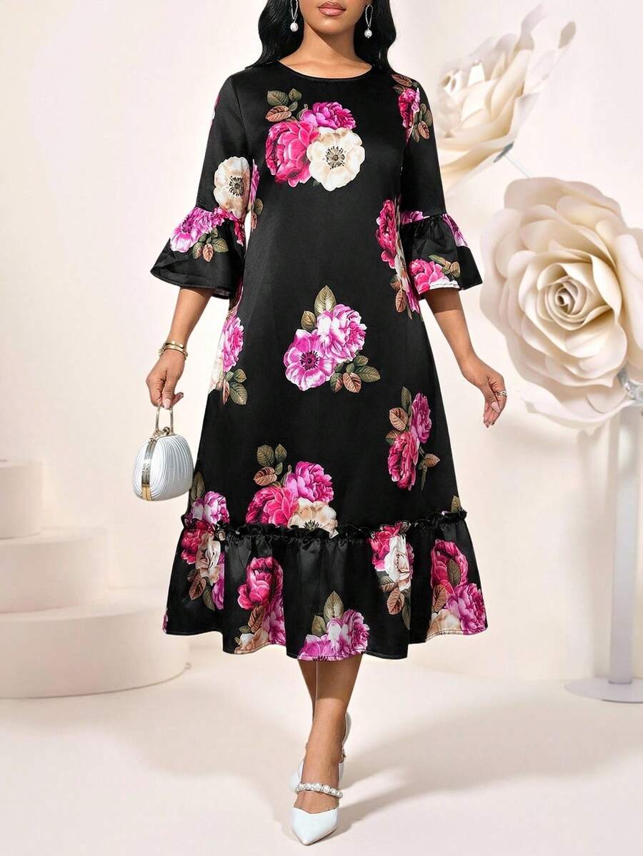 SHEIN Lady 浪漫优雅印花荷叶边连衣裙 - 黑色 - 查看 1