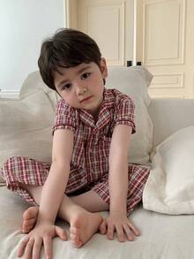 DAZY Leichte Jungen-Pyjamas Sommer Neu Farbblock Gestreift Junger Junge Schlafanzug Set, Jungen Loungewear - Bordeaux - Übersicht 1