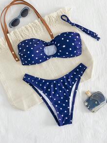Swim Mod - Conjunto de Bikini Sólido para Playa de Verano, Top Bandeau con Decoración de Nudos y Braguita de Corte Alto, Traje de Baño de 2 Piezas - Azul - Ver 5
