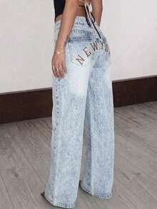 SHEIN Tall Quần jeans nữ ống rộng, dáng suông, thoải mái, đa năng, có túi. - Rửa nhẹ - Xem 4