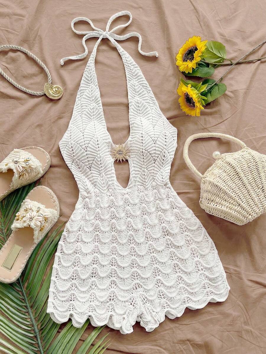 Soleia 女士纯色金属装饰吊带系带性感度假针织连体衣 - 白色 - 查看 1