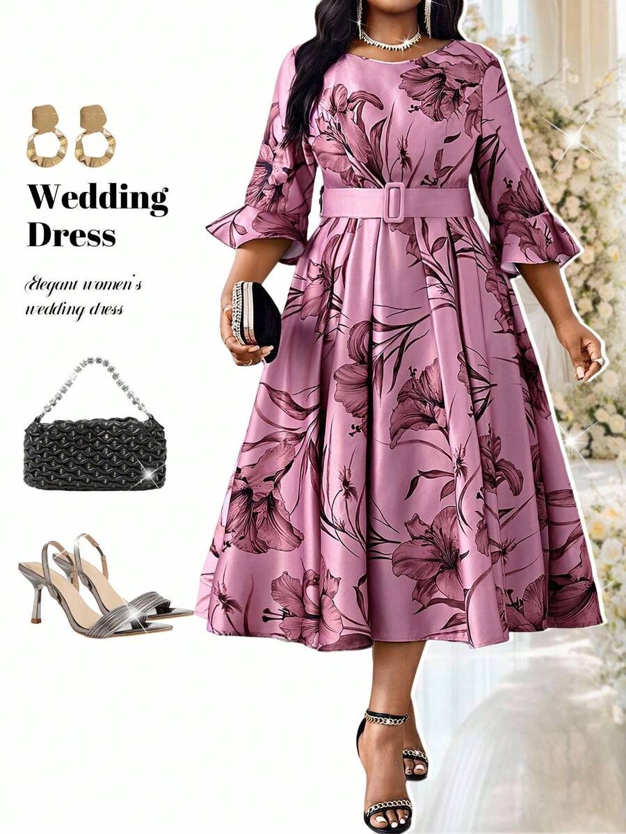 Fleurora Spring And Summer Autumn And Winter Elegant Party Evening Wedding Cocktail Party Wedding Purple Belted Bell Sleeve A Line Dress Plus Size Co-Ords Fall