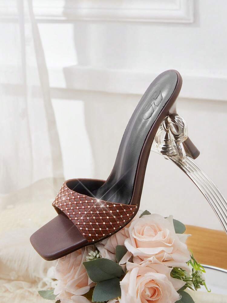 CUCCOO HITCHD Women's High-Heeled Sandals, Brown-Tone Woven Diamond-Encrusted Stiletto Sandals, French Elegant Square-Toed Mule Mop, Banquet Dating Daily Versatile Shoes