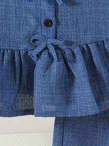 2pcs/Set Girls Toddler Summer Family Matching Outfit,Single-Breasted Bow Ruffle Hem Camisole Shirt And Pants,Minimalist Kids Linen Clothing Set - Blue - View 7