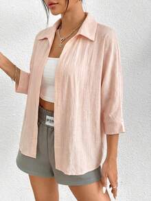 SHEIN PETITE Kemeja Lengan Panjang Minimalis Warna Polos untuk Wanita, Pakaian Kasual - Baby Pink - View 7