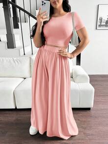 SHEIN Essnce Plus-Size Summer Women's Casual Suit, Wide-Leg Pant Suit,Summer Sets - Pink - View 3