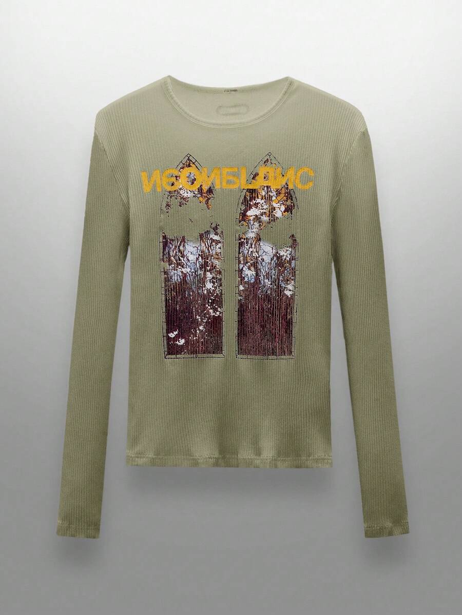 Manfinity RebelGame Men's Street Fashion Knitted Crew Neck Letter Print Long Sleeve T-Shirt - Olive Green - View 1