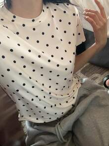 Áo thun ngắn tay chấm bi nữ, kiểu dáng thường ngày, đa năng, thích hợp mặc mùa hè. - Màu be - Xem 8