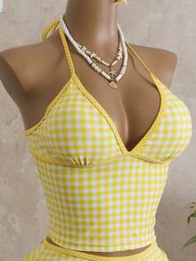 Swim Mod Bộ bikini 2 mảnh in họa tiết kẻ caro ngẫu nhiên dành cho nữ, áo hai dây và quần short, thích hợp cho mùa hè đi biển. - Màu vàng - Xem 5