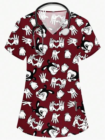 PopScrub 女士酒红色V领短袖衬衫，配有双口袋，饰有可爱的动物图案，例如兔子卡通手势和爱心图案，适合护士、医生、医疗保健人员、宠物美容师、营养师等职业人士穿着，功能性多口袋设计，可爱节日装扮。
