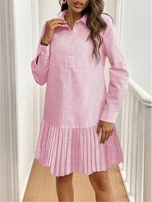 Chiquease Long Sleeve Striped Dress With Shoulder Strap, Button Cuff And Pleated Hem For Women - Pink - View 4