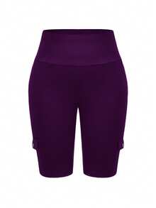 SHEIN LUNE Plus Size High Waist Fold-Over Cargo Running Shorts With Pockets, Tummy Control & Butt Lifting - Purple - View 3