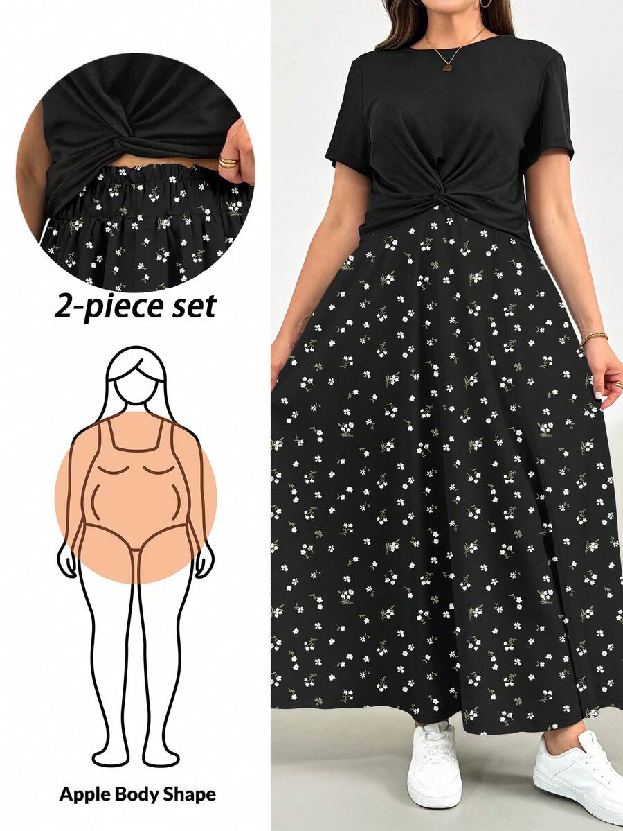 SHEIN Essnce 大码女装夏季两件套，短袖套装，印花半裙两件套，大码女装休闲舒适套装，印花女装，夏季女装家居服套装，度假两件套，两件套夏季服装，夏季女装套装 - 黑色 - 查看 1