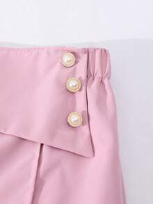 SHEIN Conjunto informal de niña preadolescente con chaqueta de manga de pétalo de un solo botonadura de unicolor y pantalones de pierna ancha - Rosa Pálido - Ver 5