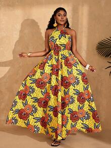 Lunelith SHEIN Lunessa Vacation & Date Ankara Floral Print Dress, Spaghetti Strap, Backless, Waist Cinched, Flowing Dress - Yellow - View 1