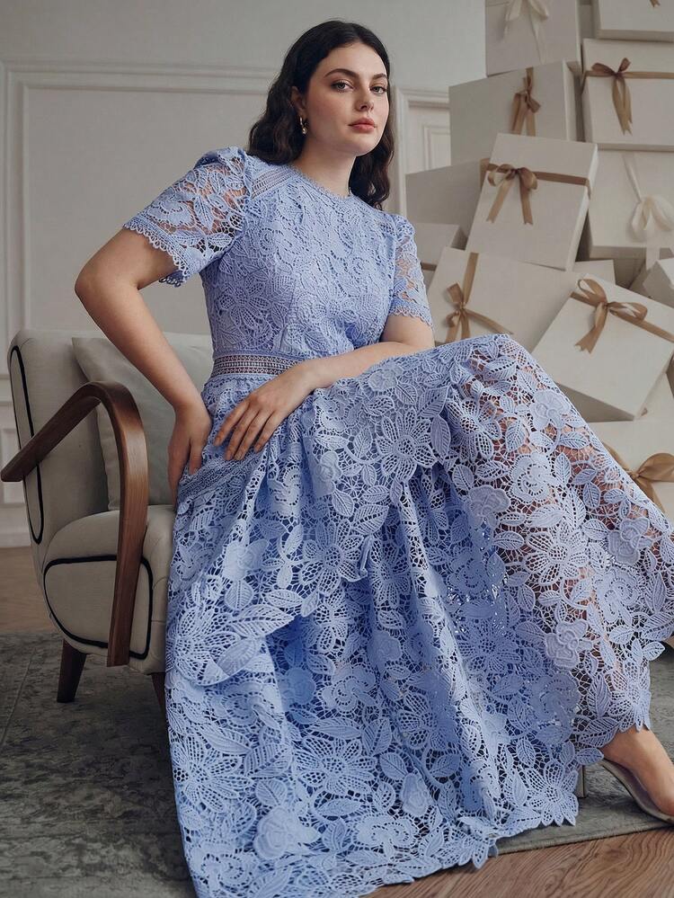 Anewsta New Party Summer Vacation Outfit Round Neck Short Sleeve Hollow Splice A-Line Dress, Exquisite Water-Soluble Lace, Elegant Plus Size Women Dress