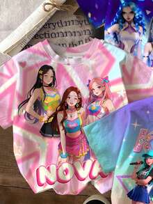 年轻女孩休闲简约时尚街头风卡通偶像团体图案圆领短袖基础款T恤 - 彩色 - 查看 4