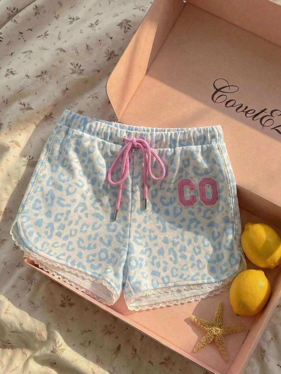 CovetEZ Women's Leopard Print Letter Graphic Casual Shorts - Blue and White - View 1