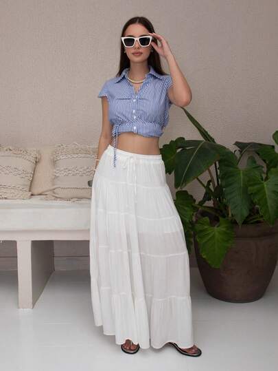 Duda Rubert Women's New Spring/Summer Solid Beige Long Maxi Skirt, Linen Fabric, Elegant Casual Pleated A-Line Flare Skirt Bohemian Style Resort Wear Vacation Outfits Women,Graduation,Teacher Outfits For Women,Back To School