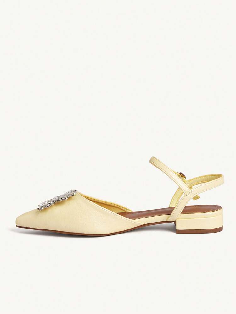 CUCCOO CHICEST Women Shoes New French Temperament Rhinestone Square Buckle Sexy Light Yellow Pointed Flat Low-Heeled Shoes, Fashionable, Elegant, Comfortable And Not Tired Of Feet, Fairy Style High-End Closed Toe Sandals