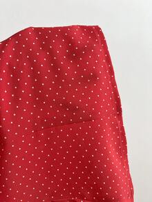 Elamini 女士波点印花翻领修身短袖衬衫 - 紅色 - 查看 5