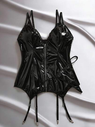 EmpressEnvy 大码女士性感内衣PU亮面蕾丝连体衣配丁字裤，诱人