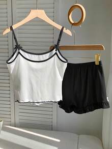 Comfortcana Bộ 2 món gồm áo hai dây và quần short đen dành cho nữ, trang phục mùa hè thời trang. - màu đen - Xem 2
