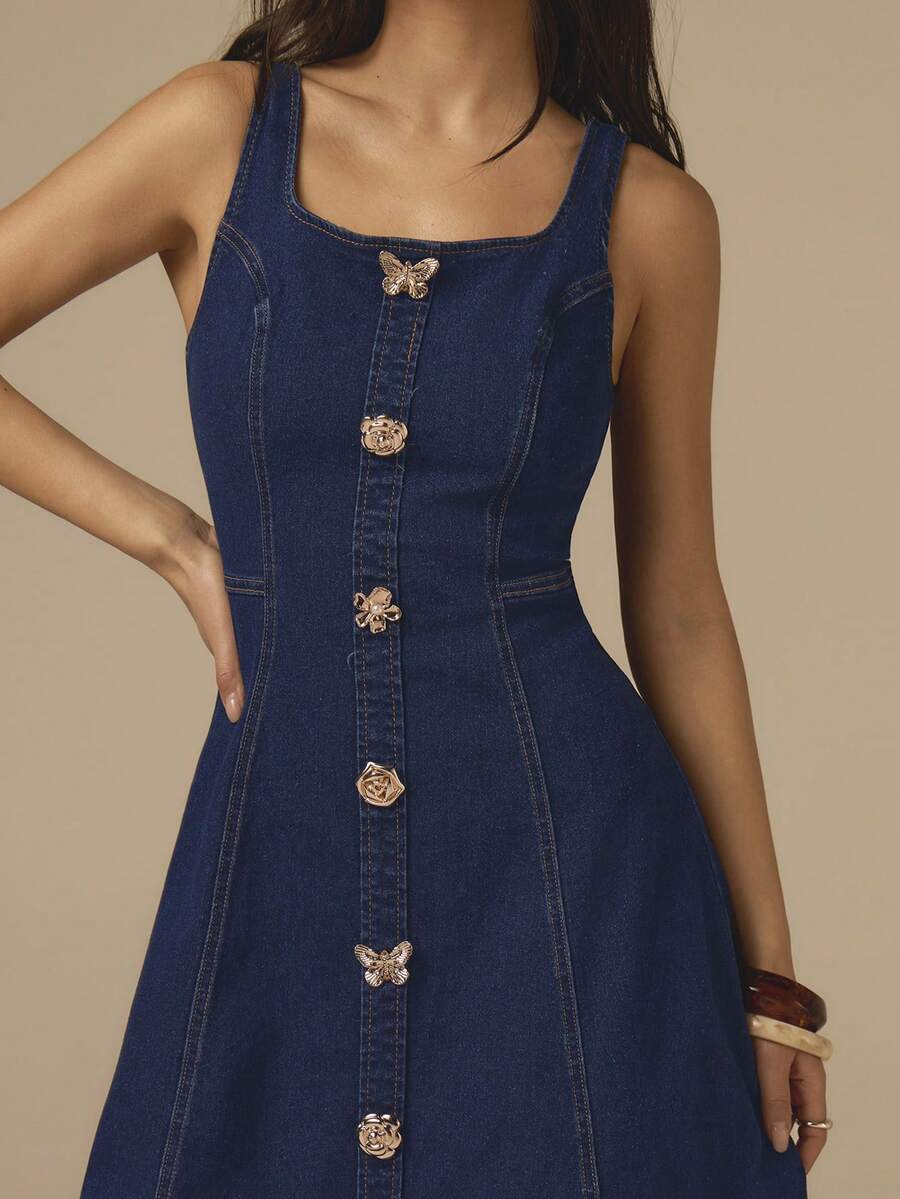 COSMINA Denim 女士纯色简约无袖牛仔连衣裙，休闲日常穿着 - 藍色 - 查看 1
