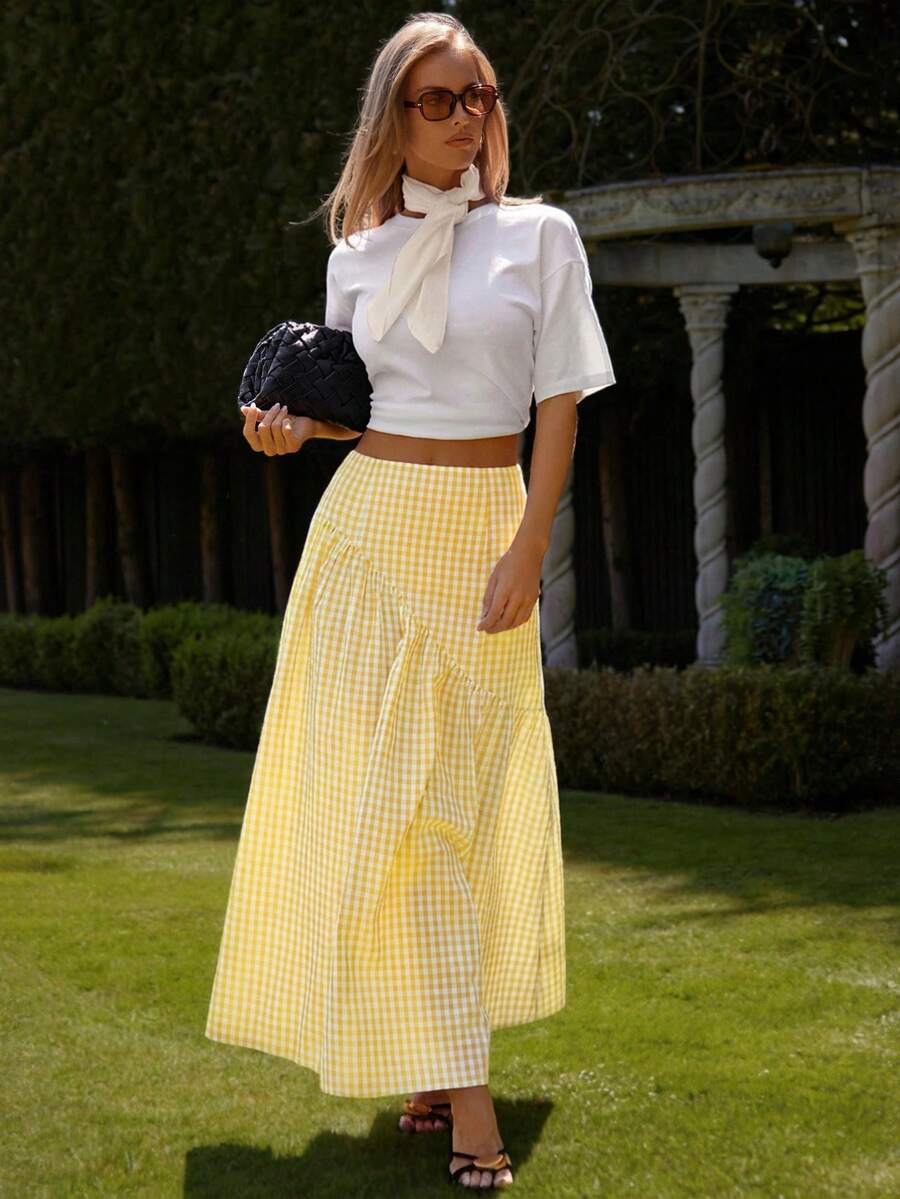 COSMINA Women's Plaid Pleated Casual Versatile Date Skirt - Yellow - View 1