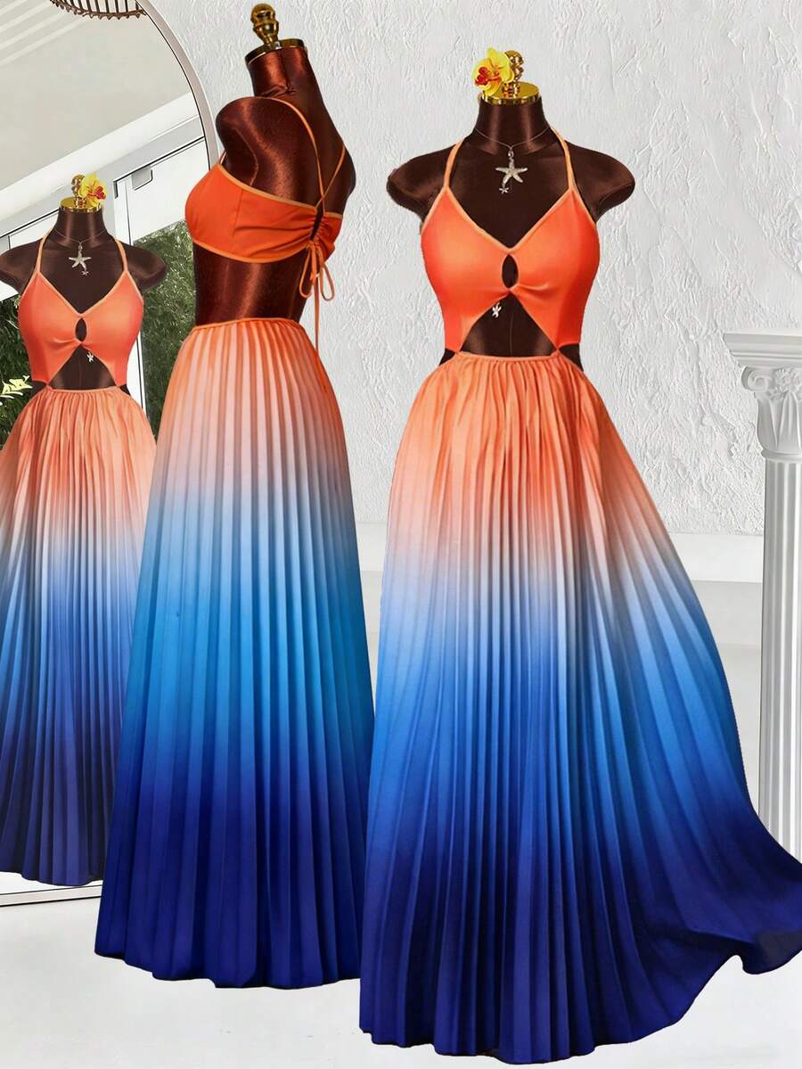 Lureya Women Multicolor Boho Long Pleated Cami Dress Ombre Random Print Ruffle Hem Sleeveless Spaghetti Strap Beachwear Prom Dresses For Women - Multicolor - View 1