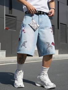 Manfinity EMRG Men's Casual Street Style Embroidered Blue Denim Shorts - Light Wash - View 7