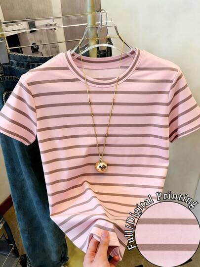 Resyla 女士休闲条纹印花圆领短袖T恤，适合夏季、度假和日常通勤