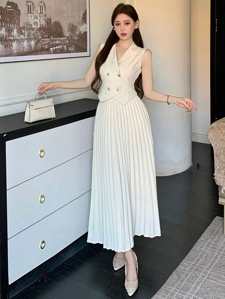 Women's Solid Color Double-Breasted Top And Skirt Casual 2 Pieces Set