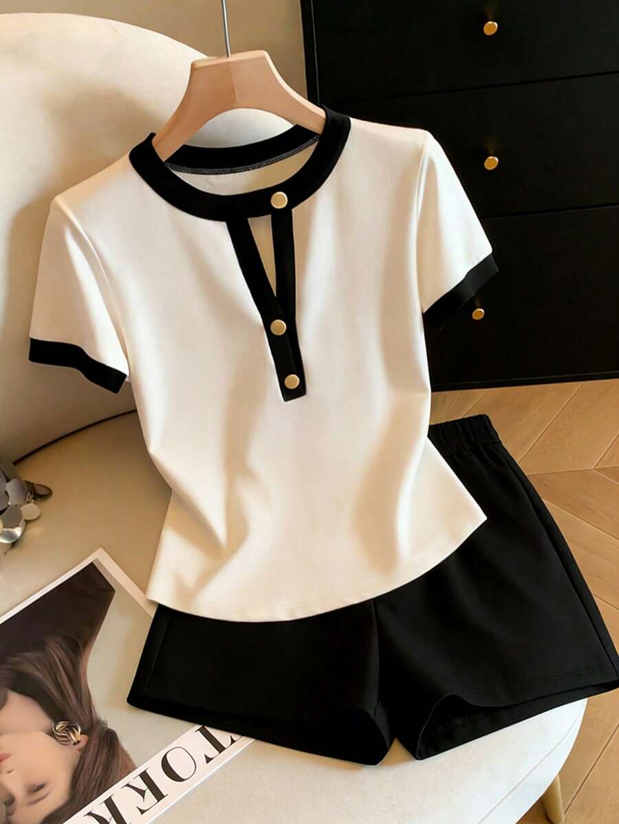 Franclia 女士新款休闲撞色短袖T恤短裤两件套，优雅女士套装，S3433，小码XXS女装，女士夏季服装 - 杏色 - 查看 1