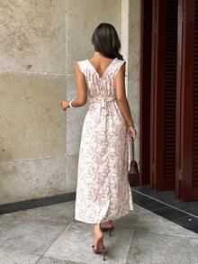 INAWLY Vestido Floral de Decote em V Profundo para Mulheres, Estilo de Férias - Damasco - Visão 2