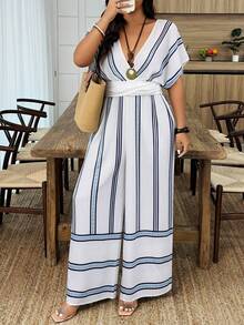 SHEIN LUNE Plus Size Women's V-Neck Crossover Waist Colorblock Geometric Striped Print Loose Casual Jumpsuit, Suitable For Spring/Summer - Blue and White - View 5