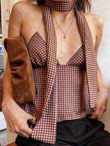 SHEIN BAE Cherry Red Plaid Spring Vacation Countryside Sweet Ribbon Backless Camisole/Spring Vacation/Plaid Camisole Top/Casual Top/Cute Camisole/Commute Casual Top/Ibiza/Summer Top,Vacation Tops, Casual Tops, Summer Tops, Red Tops, Party Tops, Holiday Tops, Lace Tops.Summer Outfit For Women. Y2K Tops,Going Out Tops For Women,Casual Top For Women,Sexy Tops - Pink - View 1