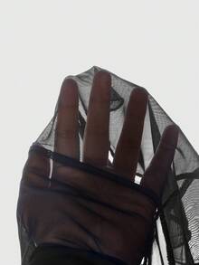 ROMWE 大尺碼女款純色不對稱下擺性感透視休閒上衣 - 黑色 - 查看 5