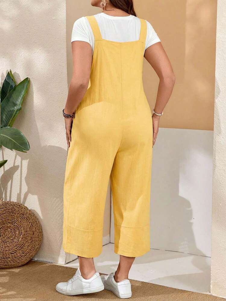 Plus Size Women'S Yellow Overalls With Adjustable Straps, Button Closure And Pockets On Split Legs For Spring Summer Tops Summer Outfits Summer Clothes Spring Dress Spring Outfit Women Spring Clothing Beach Vacation Outfits For Women Vacation Dress Bohemian Festival Outfits For Women Beach Outfits For Women Summer Outfit For Women Jumpsuit Women S Summer Outfits Yellow Yellow Clothes Yoga Jumpsuit