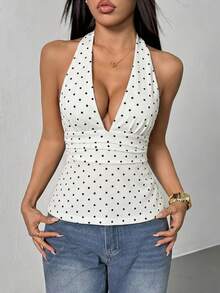 SHEIN PETITE Deep V-Neck Backless Polka Dot Camisole With Waist Cinching A-Line Hem,Summer Top - White - View 6