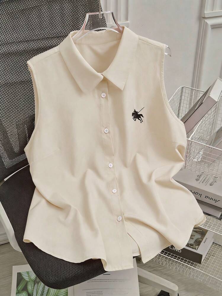 SHEIN LUNE Áo polo không tay cài cúc dáng rộng mùa hè cỡ lớn - Màu be - Xem 1