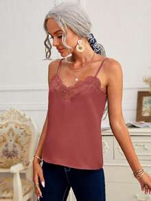 SHEIN Frenchy Women's Casual Lace Patchwork Camisole Top - Redwood - View 4
