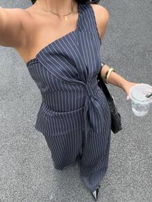 Siren Gaze Bộ đồ nữ thường ngày gồm áo sơ mi kẻ sọc và quần ống rộng (2 món). - Màu xanh lam - Xem 5