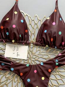 Swim Vcay 基础款两件套波点随机印花金色圆环装饰挂脖三角杯文胸和褶皱丁字裤比基尼性感泳装，女士春夏泳衣棕色比基尼女士两件套波点比基尼 - 彩色 - 查看 6