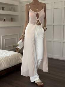 Livesso 轻薄透明白色开衫，前系带，腰部系带，中长款设计，适合春夏、音乐节、情人节、婚礼、休闲、海滩等场合。 - 米色 - 查看 2