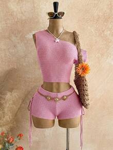 Soleia Women's Vacation Casual Asymmetric-Shoulder Sweater Vest & Shorts 2 Pieces Set - Pink - View 4