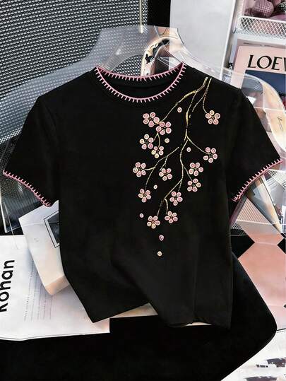 Glimmora Camiseta de manga corta con cuello redondo acanalado y estampado floral casual para mujer, verano